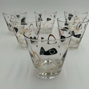 Set of 6 50's Federal Glass Atomic Amoeba Boomerang Rocks Glasses Black & Gold